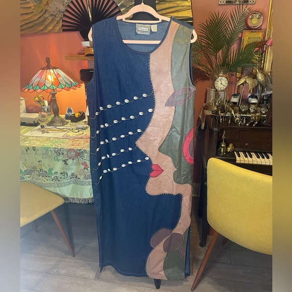 Vintage Dresses & Skirts - AMAZING vintage 70s 80s Molato denim dress with shell and abstract female face